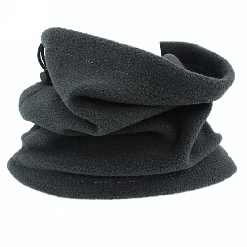 Black polar fleece neck cover with drawcord, ideal for hiking and running. Moisture-wicking and heat-retaining fabric SF0580.
